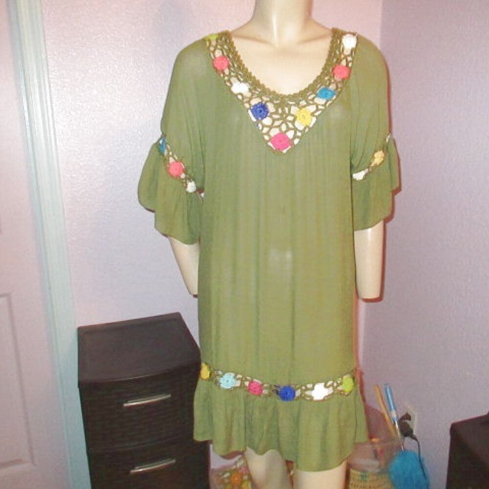Vtg 70s Sheer Gauze Tiered Dress Size L Crochet Mini Beach Coverup Boho Festival
